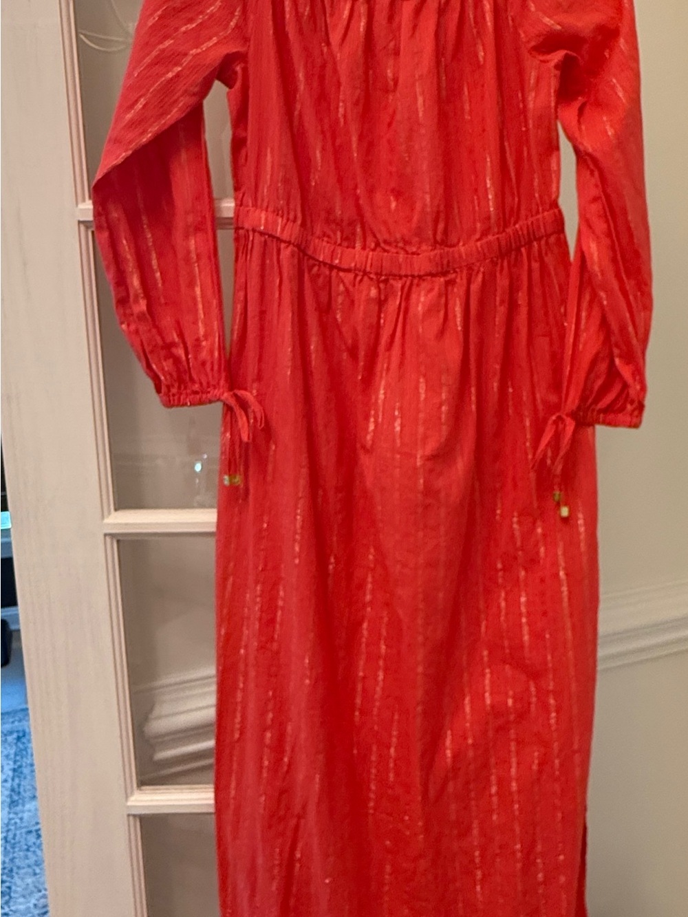 Michael Kors Coral-Red Long Sleeve Maxi Dress with Metallic Stripes